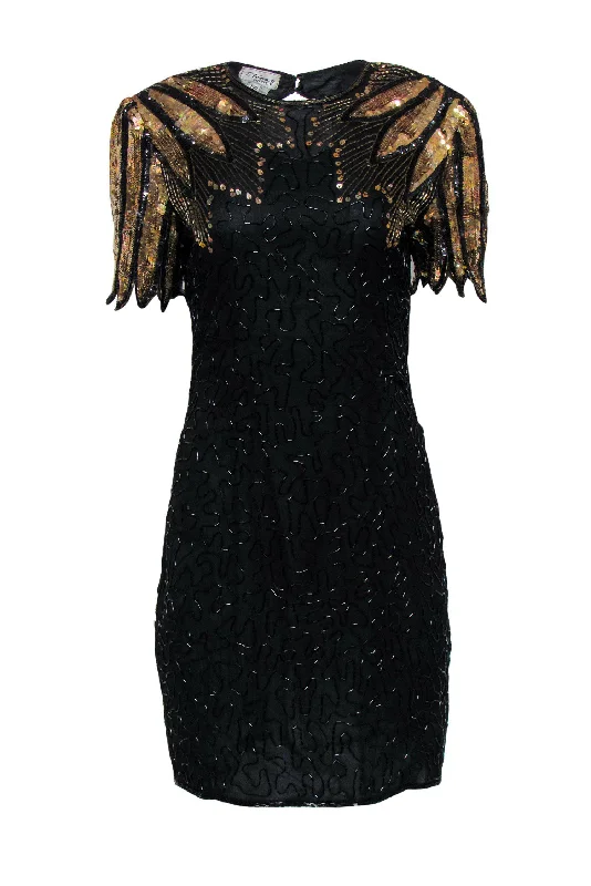 Stenay - Vintage Black Beaded Silk Shift Dress w/ Gold Sequin Design Sz 10P