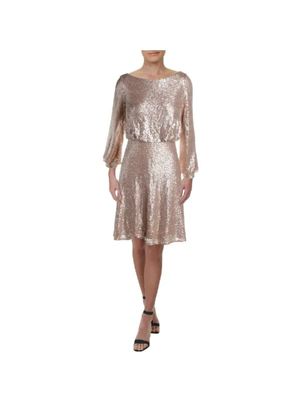 TADASHI SHOJI Womens Gold Sequined Long Sleeve Boat Neck Knee Length Formal Blouson Dress