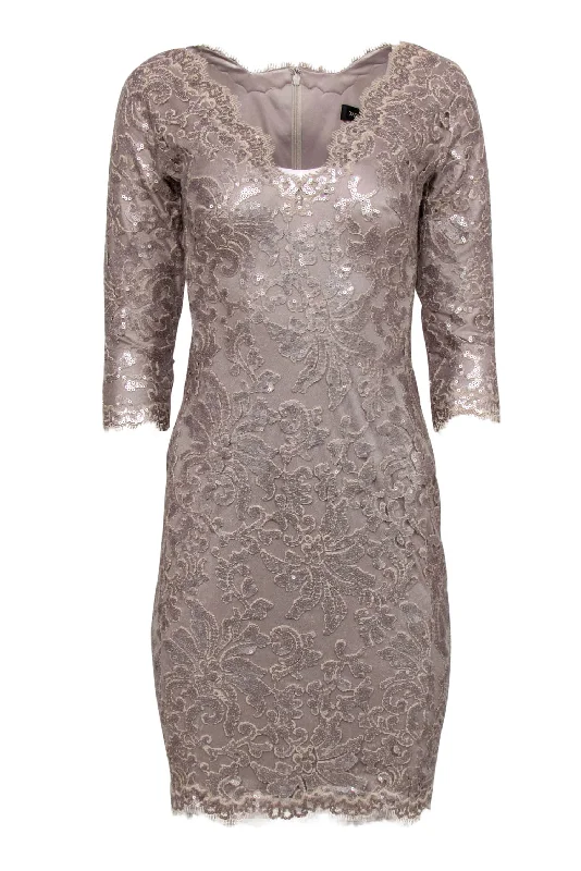 Tadashi Shoji - Taupe Sequin Plunge Sheath Dress Sz 4