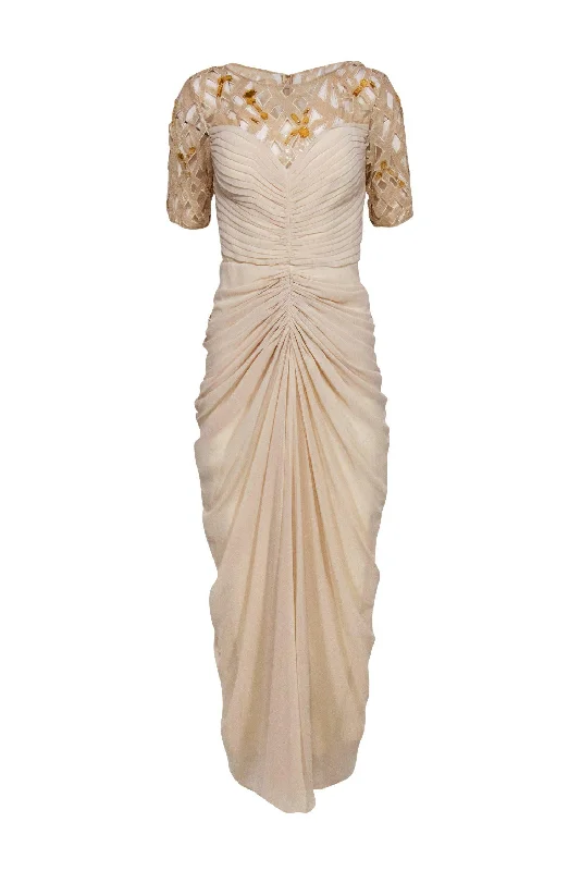 Tadashi Shoji - Nude Ruched Gown w/ Sequin & Jeweled Laser Cut Top Sz 6