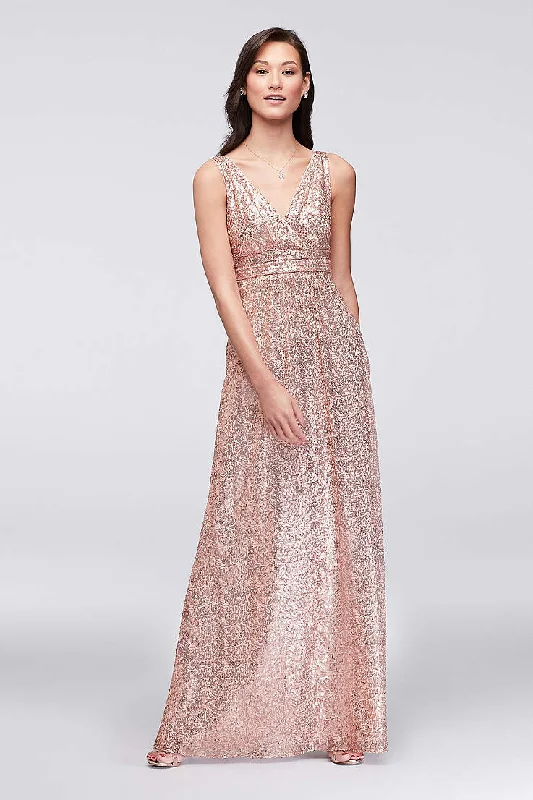 David's Bridal Sequin V-Neck Dress with Satin Pipe / F19787