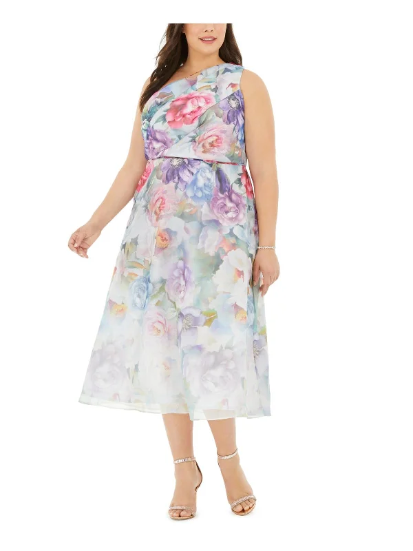 Plus Womens Floral Print One Shoulder Midi Dress