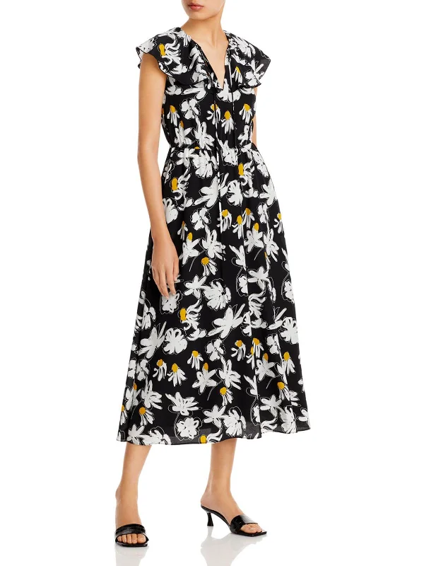 Womens Ruffled V-Neck Midi Dress