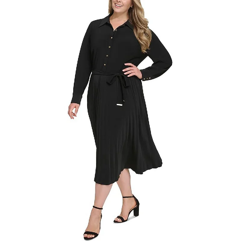 Plus Womens Knit Pleated Shirtdress