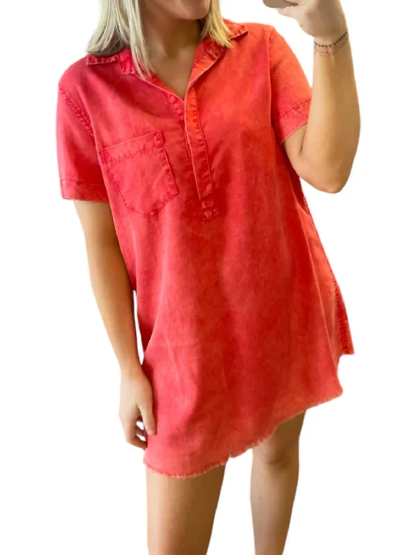 Washed Denim Shirt Dress In Washed Red