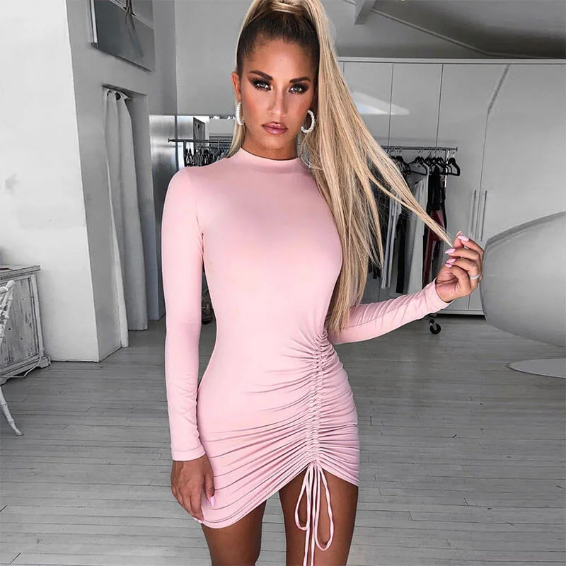 Long Sleeve Bodycon Drawstring Dress