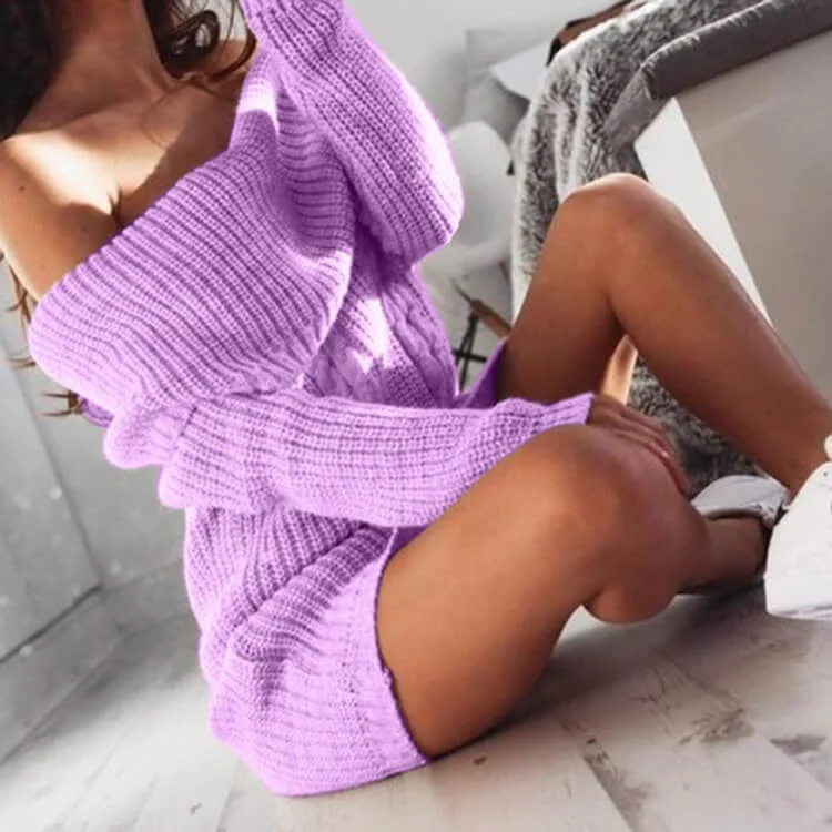 Off Shoulder Bodycon Ribbed Knit Winter Short Dress