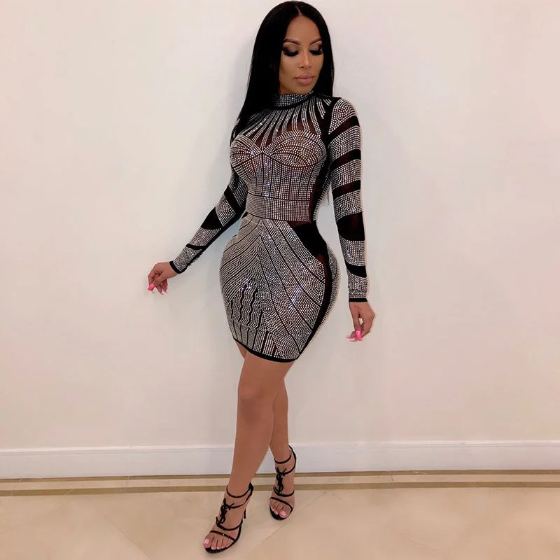 See Through Rhinestone Bodycon Dress