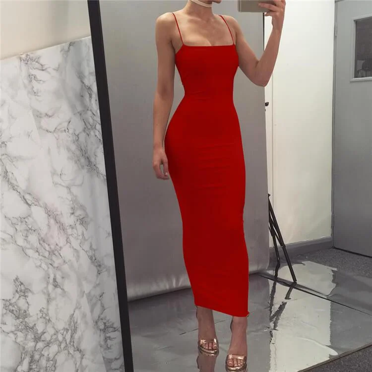 Simple Sling Plain Bodycon Long Dress