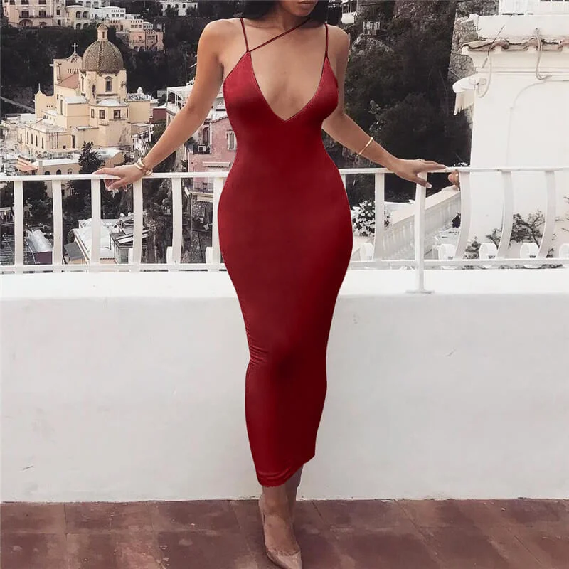 Spaghetti Strap V Neck Bodycon Dress