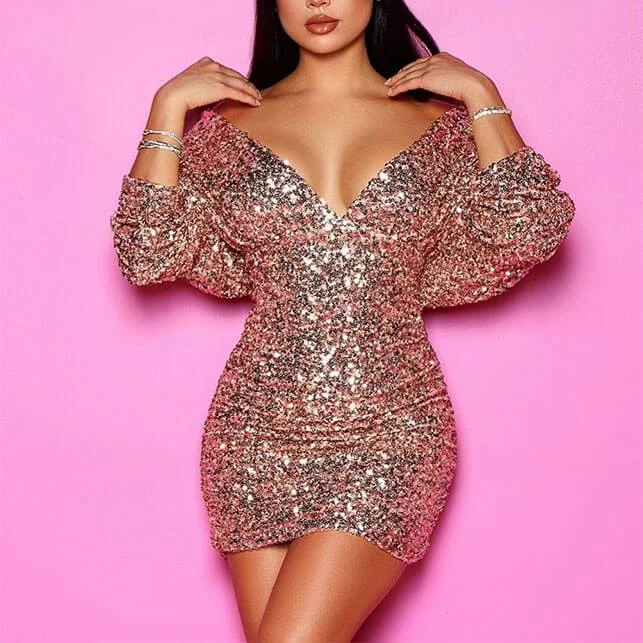 V Neck Sequins Bodycon Short Dress