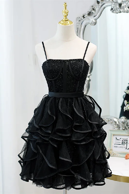 Black Straps Beaded Ruffle-Layers Tulle Homecoming Dress