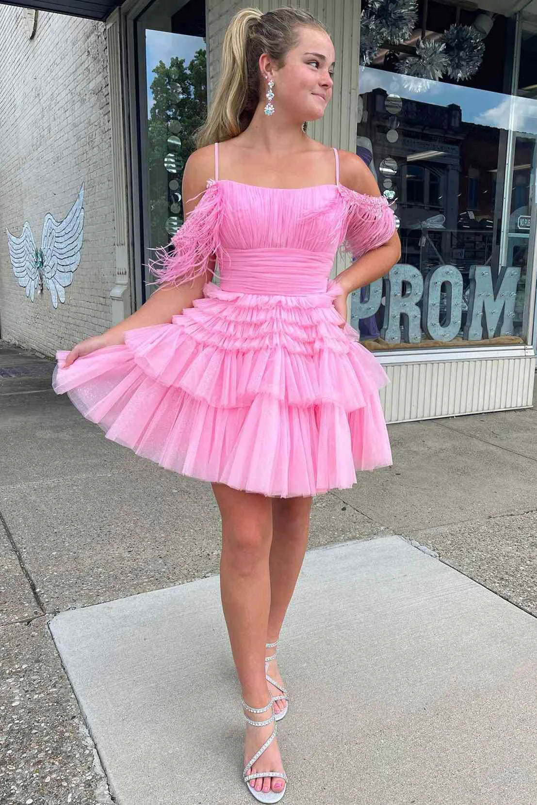 Chic Tulle A-Line Off-Shoulder Beaded Feathers Homecoming Dress