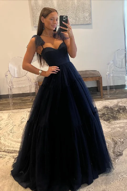 Dark Navy Bow Tie Shoulder Tulle A-line Long Prom Dress,DP1175