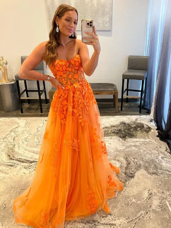 Orange Strapless A-Line Tulle Appliques Long Prom Dress,DP1084