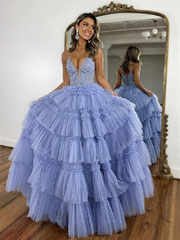 Lavender V Neck Tulle Tiered Long Prom Dress Evening Gown,DP1079