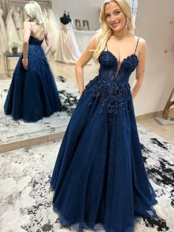 Navy A-Line Tulle Appliques Long Prom Dress,DP1016