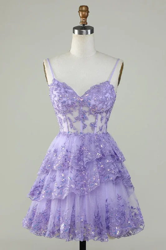 Lavender Straps A-Line Applique Tulle Homecoming Dress