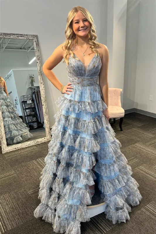 Light Blue V Neck A-line Tulle Layers Long Prom Dress with Slit,DP1161