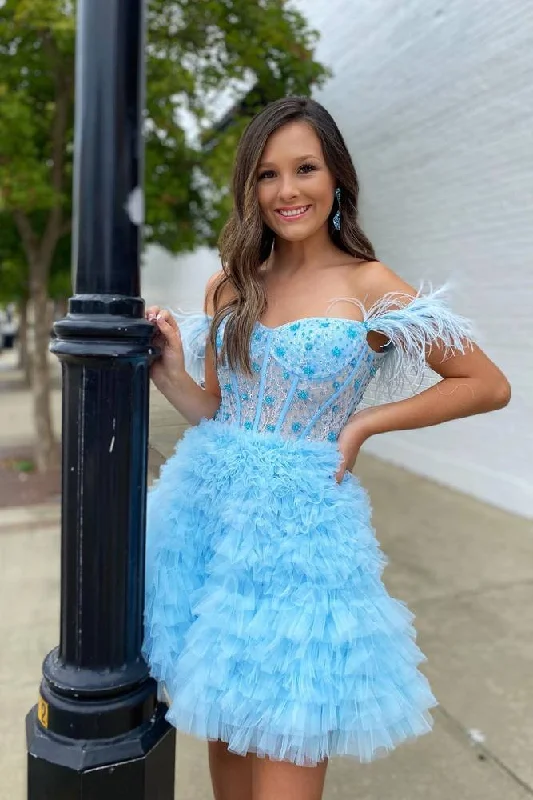 Light Blue Glitter V-neck Short Tulle Homecoming Dress