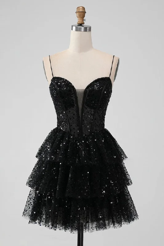 Black Sweetheart A-line Spaghetti Strap Tulle Homecoming Dress