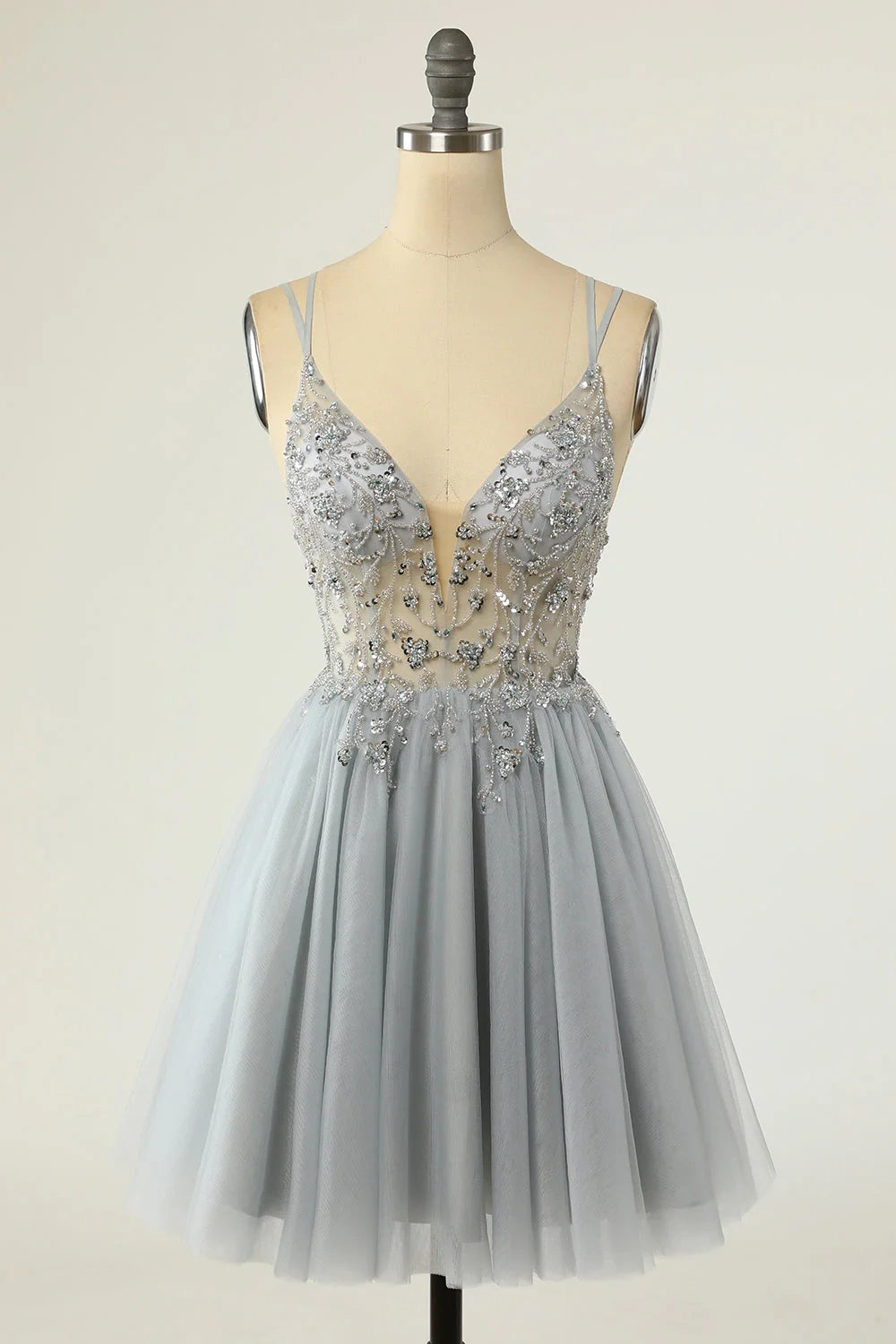 Sheer Tulle A-Line V-Neck Strapless Appliques Homecoming Dress